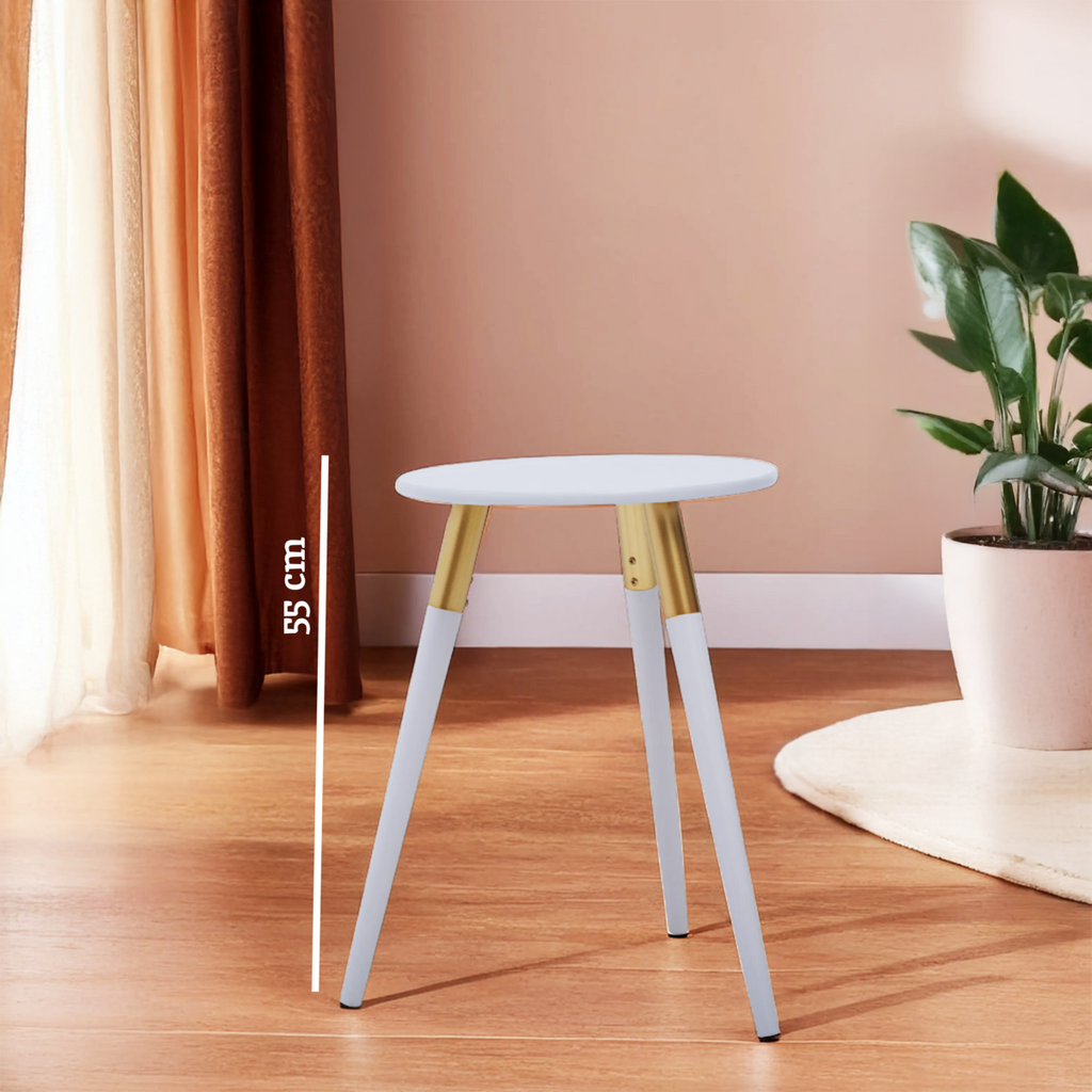 Light Grey Round Top Wooden Side Table With Natural Wood Legs & Gold Trim, Nostra