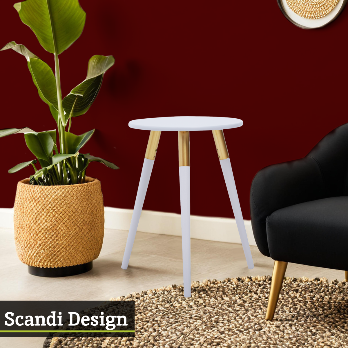 Light Grey Round Top Wooden Side Table With Natural Wood Legs & Gold Trim, Nostra
