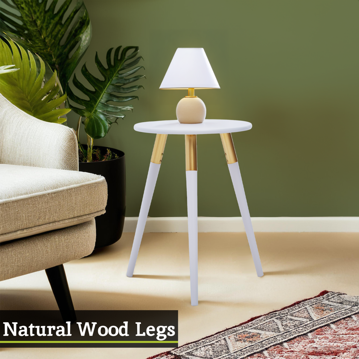 Light Grey Round Top Wooden Side Table With Natural Wood Legs & Gold Trim, Nostra