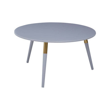 Light Grey Round Top Wooden Coffee Table With Natural Wood Legs & Gold Trim, Nostra