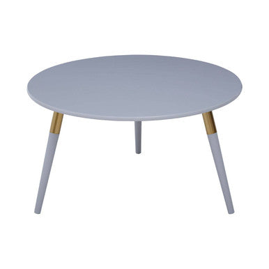 Light Grey Round Top Wooden Coffee Table With Natural Wood Legs & Gold Trim, Nostra