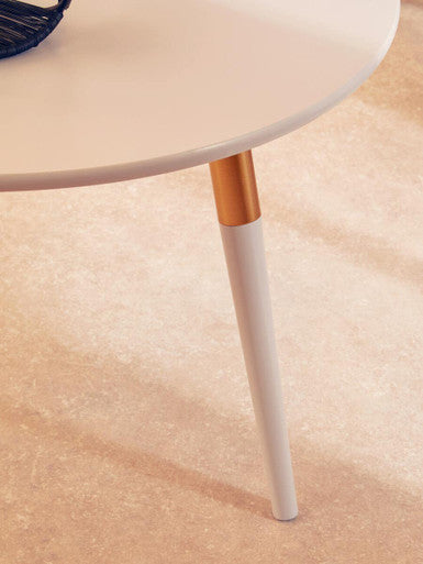 Light Grey Round Top Wooden Coffee Table With Natural Wood Legs & Gold Trim, Nostra