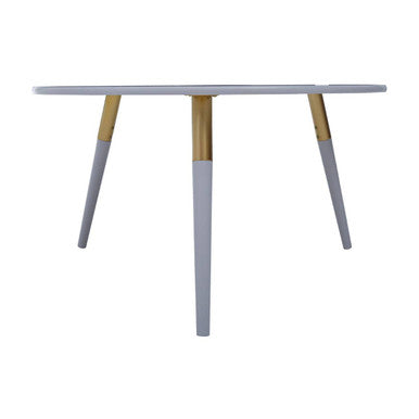 Light Grey Round Top Wooden Coffee Table With Natural Wood Legs & Gold Trim, Nostra