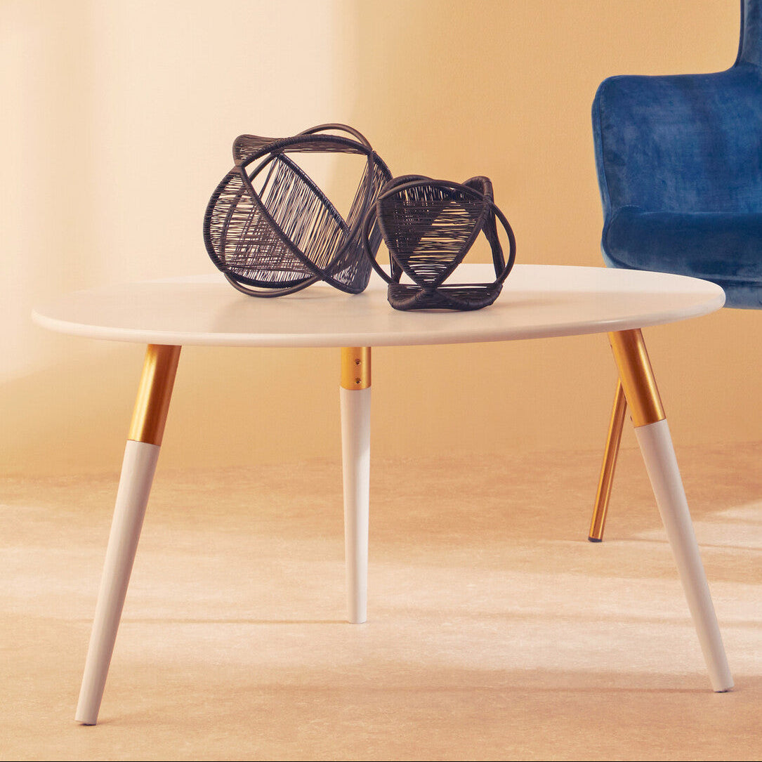 Light Grey Round Top Wooden Coffee Table With Natural Wood Legs & Gold Trim, Nostra