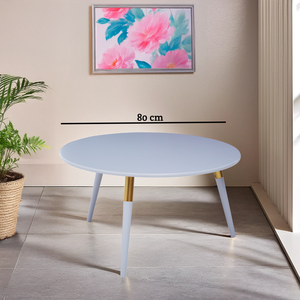 Light Grey Round Top Wooden Coffee Table With Natural Wood Legs & Gold Trim, Nostra