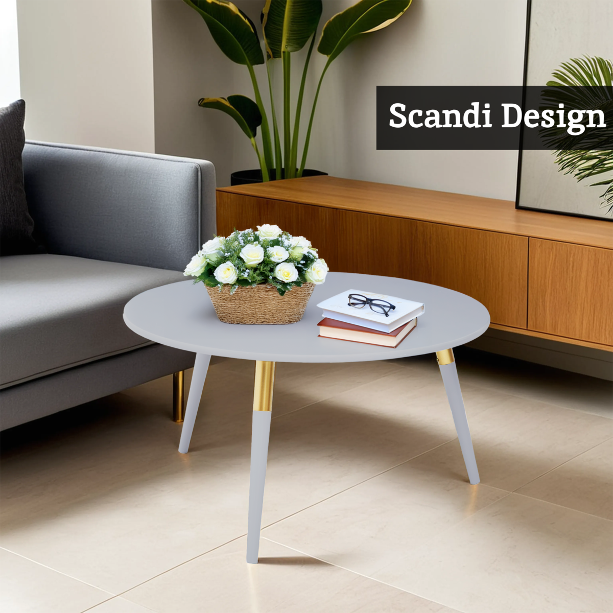 Light Grey Round Top Wooden Coffee Table With Natural Wood Legs & Gold Trim, Nostra
