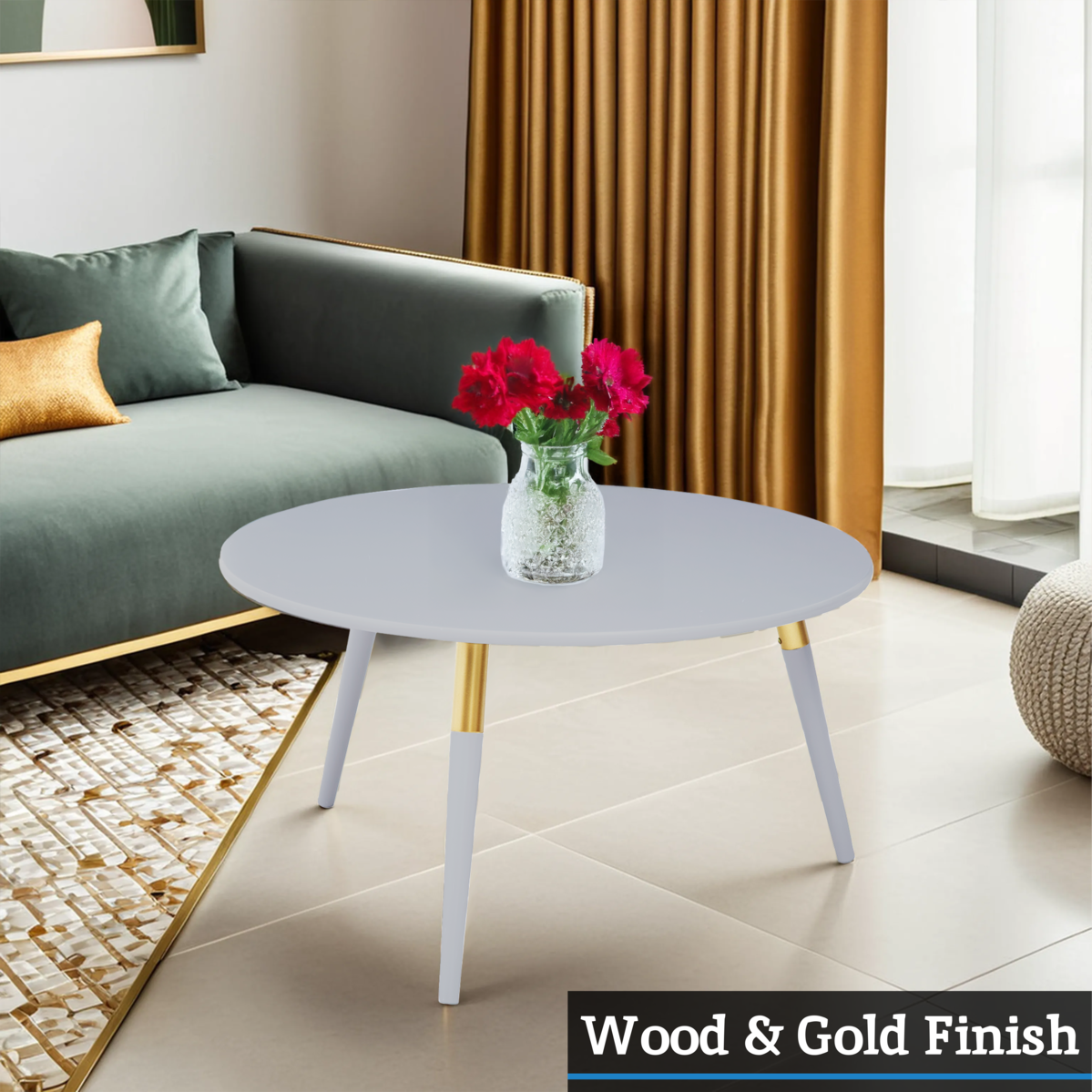 Light Grey Round Top Wooden Coffee Table With Natural Wood Legs & Gold Trim, Nostra