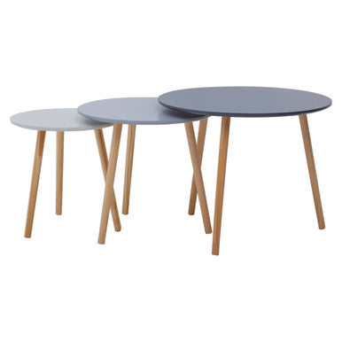 Set Of 3 Grey Wooden Round Tables With Natural Wood Legs, Nostra