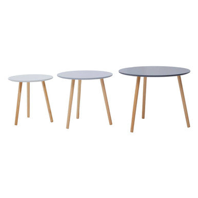 Set Of 3 Grey Wooden Round Tables With Natural Wood Legs, Nostra