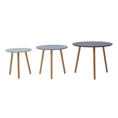 Set Of 3 Grey Wooden Round Tables With Natural Wood Legs, Nostra