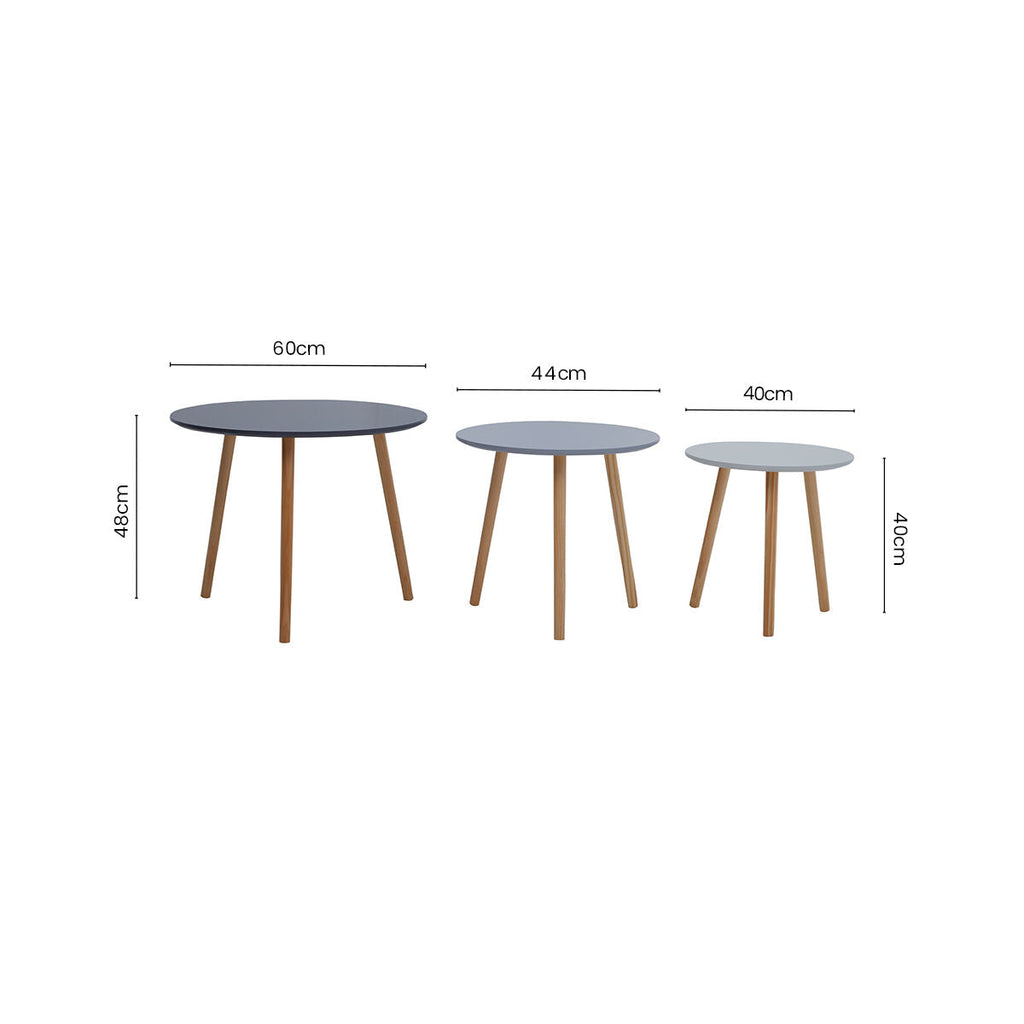 Set Of 3 Grey Wooden Round Tables With Natural Wood Legs, Nostra