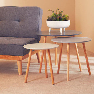 Set Of 3 Grey Wooden Round Tables With Natural Wood Legs, Nostra