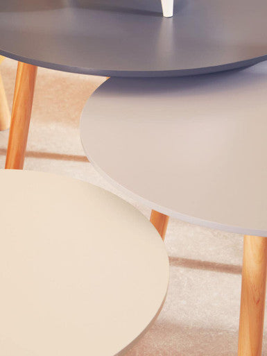 Set Of 3 Grey Wooden Round Tables With Natural Wood Legs, Nostra