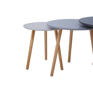 Set Of 3 Grey Wooden Round Tables With Natural Wood Legs, Nostra