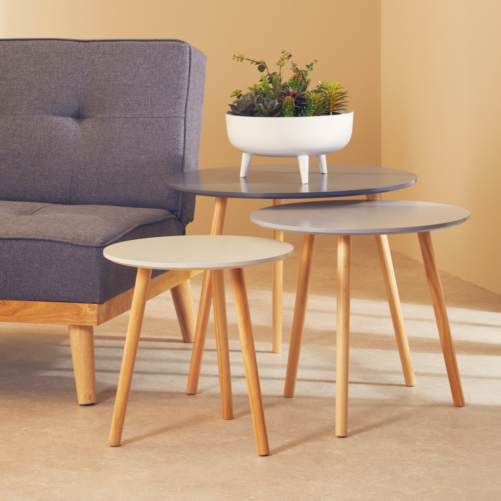 Set Of 3 Grey Wooden Round Tables With Natural Wood Legs, Nostra