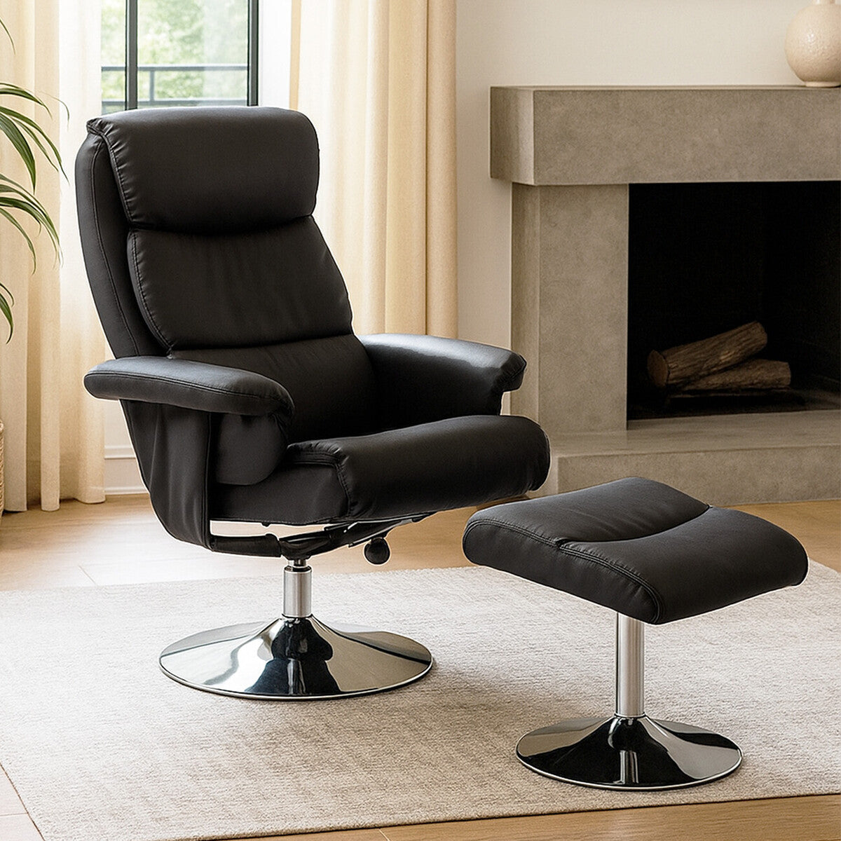 Denton Black Leather Reclining Chair With Footstool