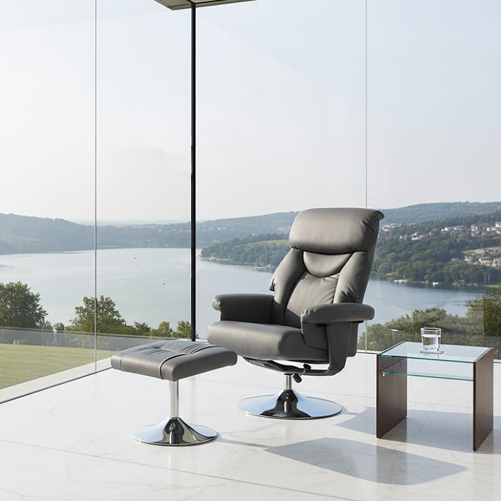 Denton Grey Leather Reclining Chair & Footstool