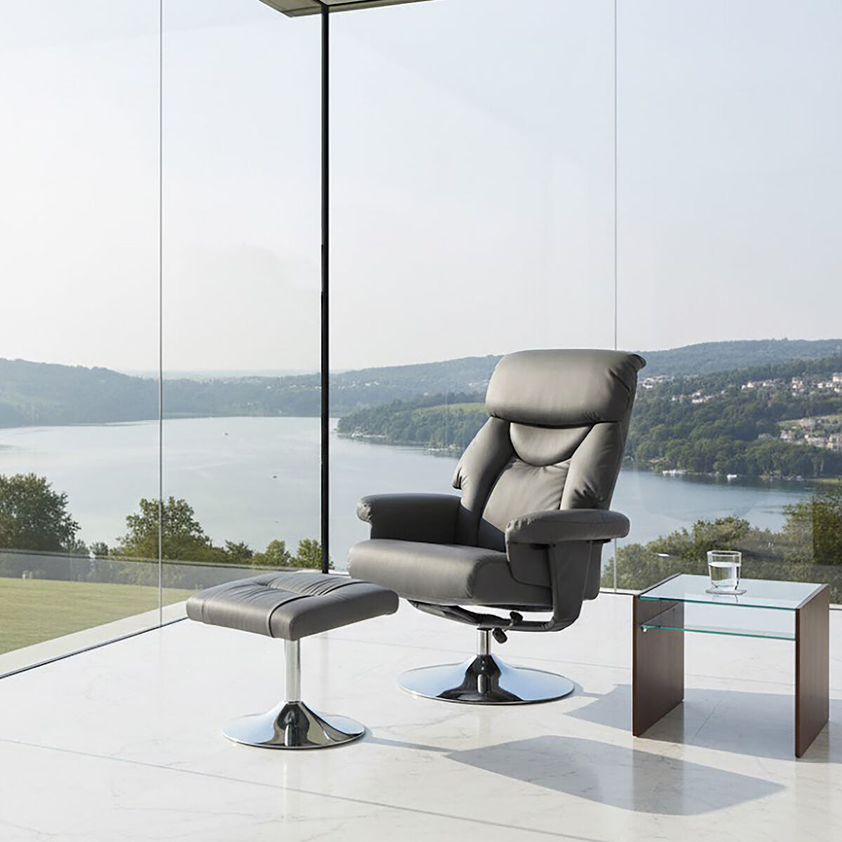 Denton Grey Leather Reclining Chair & Footstool
