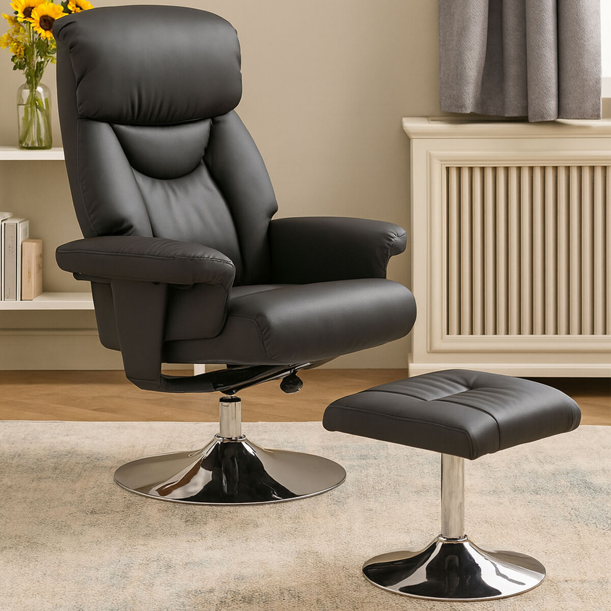 Denton Black Leather Reclining Chair & Footstool