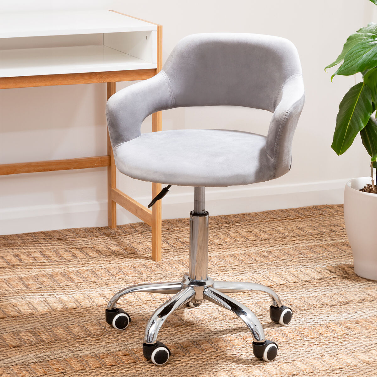 Fionna Grey Velvet Home Office Chair With Curved Back