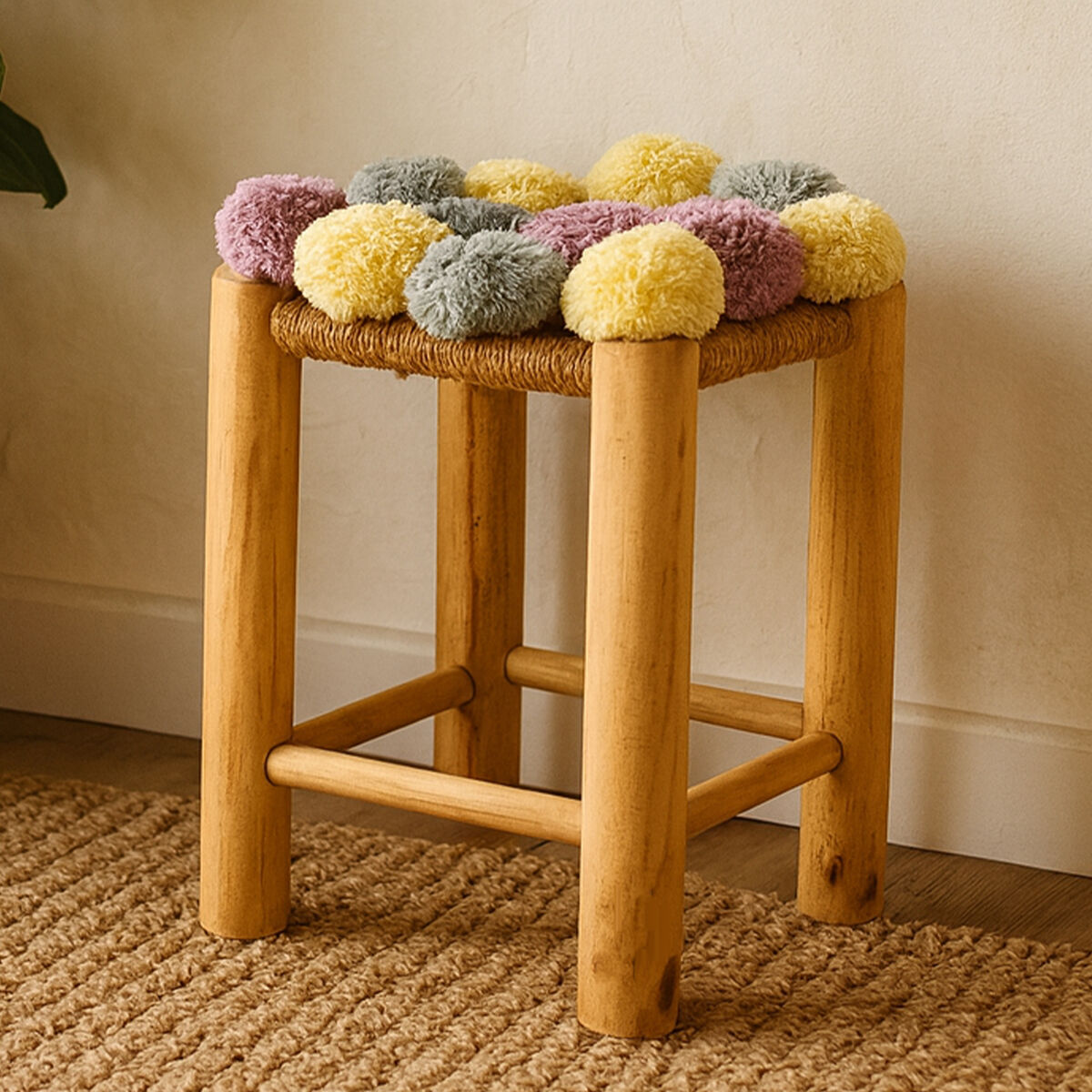 West Village Grey Beige & Pink Pom Stool