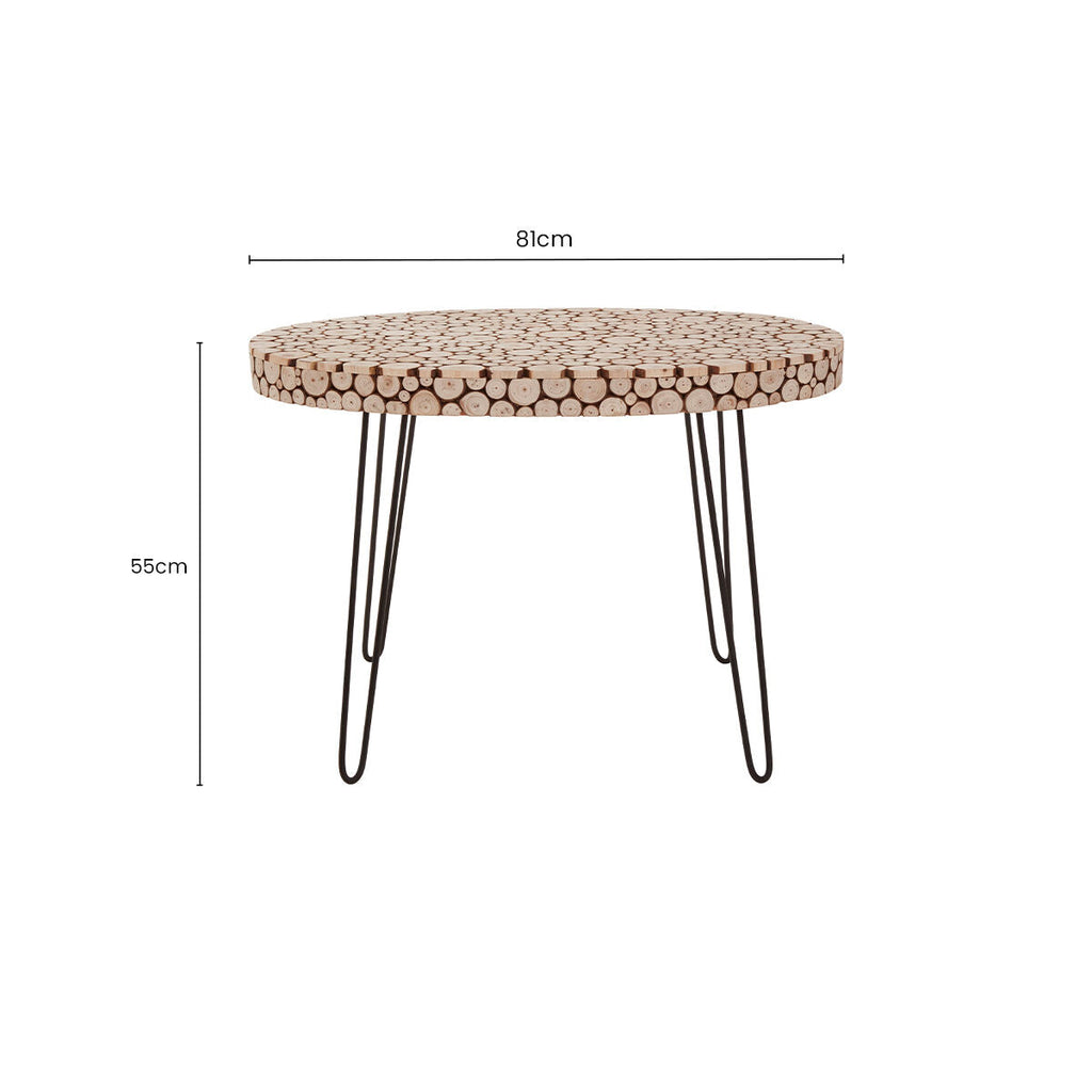 Natural Fir Wood Disc Mosaic Oval Coffee Table With Black Metal Hairpin Legs, Lacuna