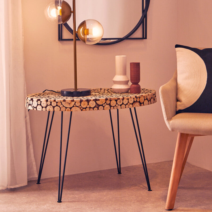 Natural Fir Wood Disc Mosaic Oval Coffee Table With Black Metal Hairpin Legs, Lacuna