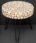 Natural Fir Wood Disc Mosaic Round Coffee Table With Black Metal Hairpin Legs, Lacuna