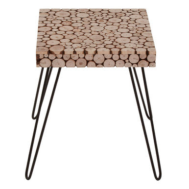 Distressed Fir Wood & Disc Top Square Side Table With Hairpin Legs, Lacuna