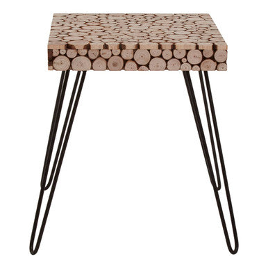 Distressed Fir Wood & Disc Top Square Side Table With Hairpin Legs, Lacuna