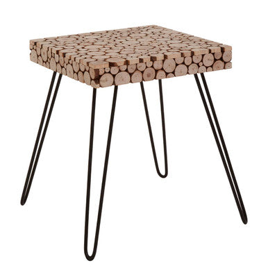 Distressed Fir Wood & Disc Top Square Side Table With Hairpin Legs, Lacuna