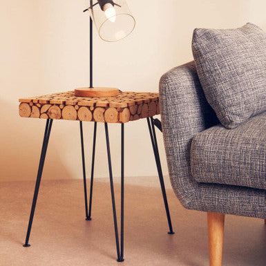 Distressed Fir Wood & Disc Top Square Side Table With Hairpin Legs, Lacuna