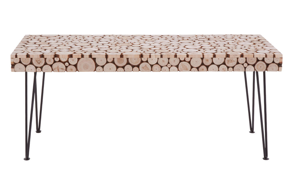 Distressed Fir Wood Disc Top Coffee Table With Black Hairpin Legs, Lacuna