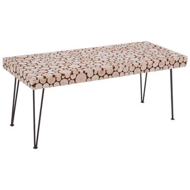 Distressed Fir Wood Disc Top Coffee Table With Black Hairpin Legs, Lacuna