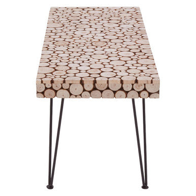 Distressed Fir Wood Disc Top Coffee Table With Black Hairpin Legs, Lacuna