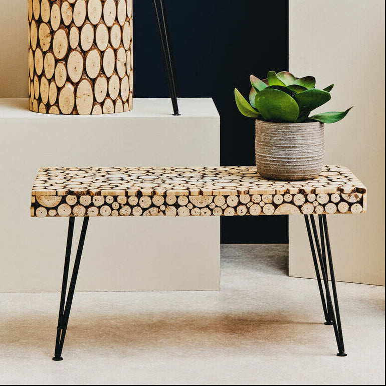 Distressed Fir Wood Disc Top Coffee Table With Black Hairpin Legs, Lacuna