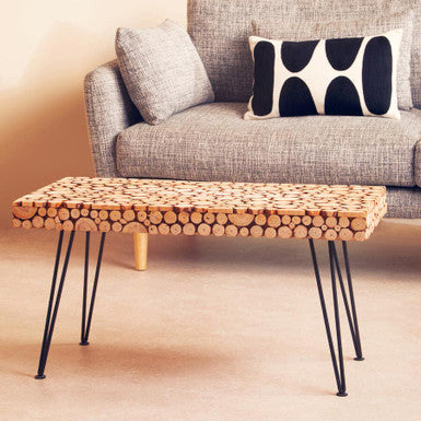 Distressed Fir Wood Disc Top Coffee Table With Black Hairpin Legs, Lacuna