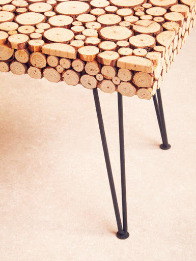 Distressed Fir Wood Disc Top Coffee Table With Black Hairpin Legs, Lacuna
