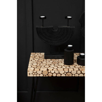 Distressed Fir Wood Disc Top Coffee Table With Black Hairpin Legs, Lacuna