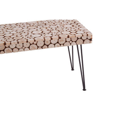 Distressed Fir Wood Disc Top Coffee Table With Black Hairpin Legs, Lacuna