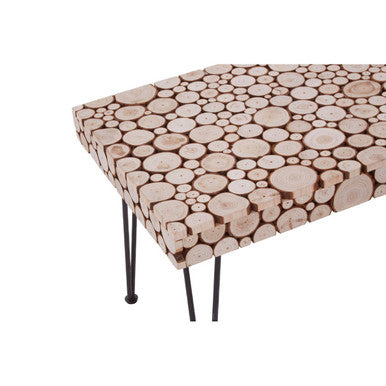 Distressed Fir Wood Disc Top Coffee Table With Black Hairpin Legs, Lacuna