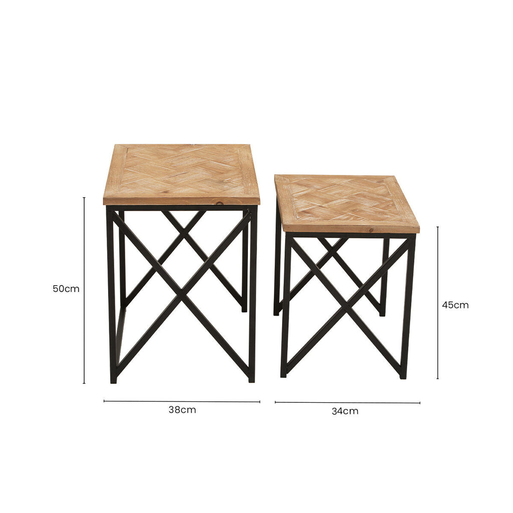 Natural Parquet Fir Wood Set Of Two Nesting Tables With Black Metal Frame, Kickford