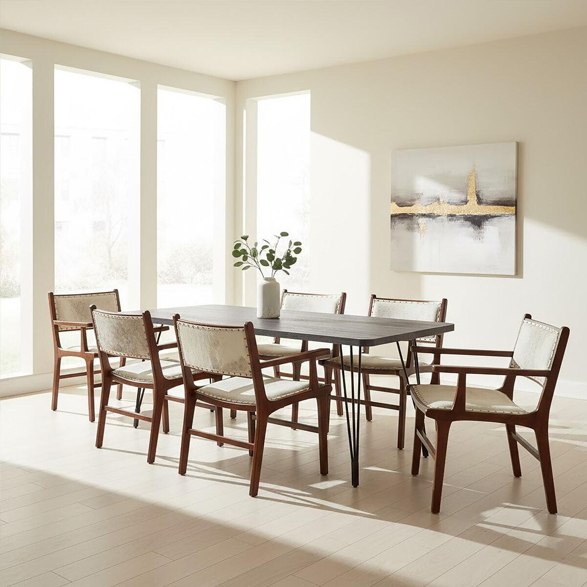 Dark Grey Veneer Wooden Dining Table With Black Slender Legs, Anube
