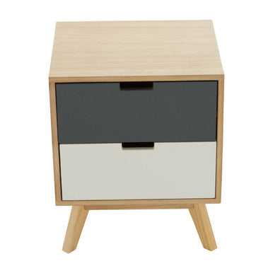 Grey & White Two-Drawer Bedside Table With Natural Wood Frame, Watson