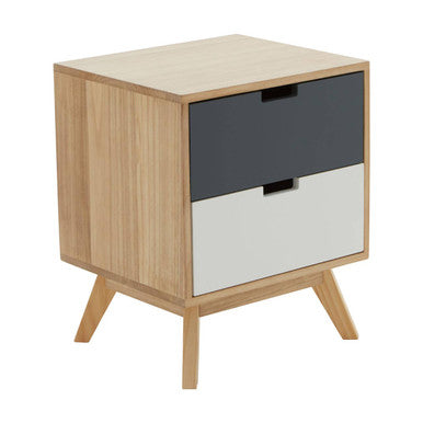 Grey & White Two-Drawer Bedside Table With Natural Wood Frame, Watson