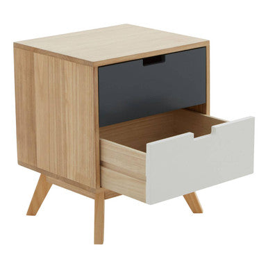 Grey & White Two-Drawer Bedside Table With Natural Wood Frame, Watson