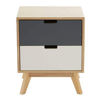 Grey & White Two-Drawer Bedside Table With Natural Wood Frame, Watson