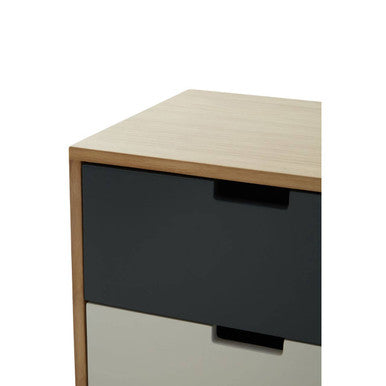 Grey & White Two-Drawer Bedside Table With Natural Wood Frame, Watson
