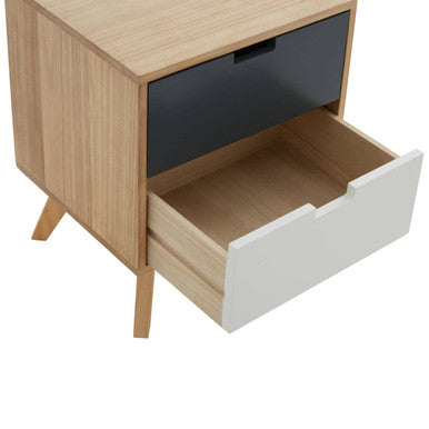 Grey & White Two-Drawer Bedside Table With Natural Wood Frame, Watson