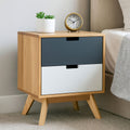 Grey & White Two-Drawer Bedside Table With Natural Wood Frame, Watson